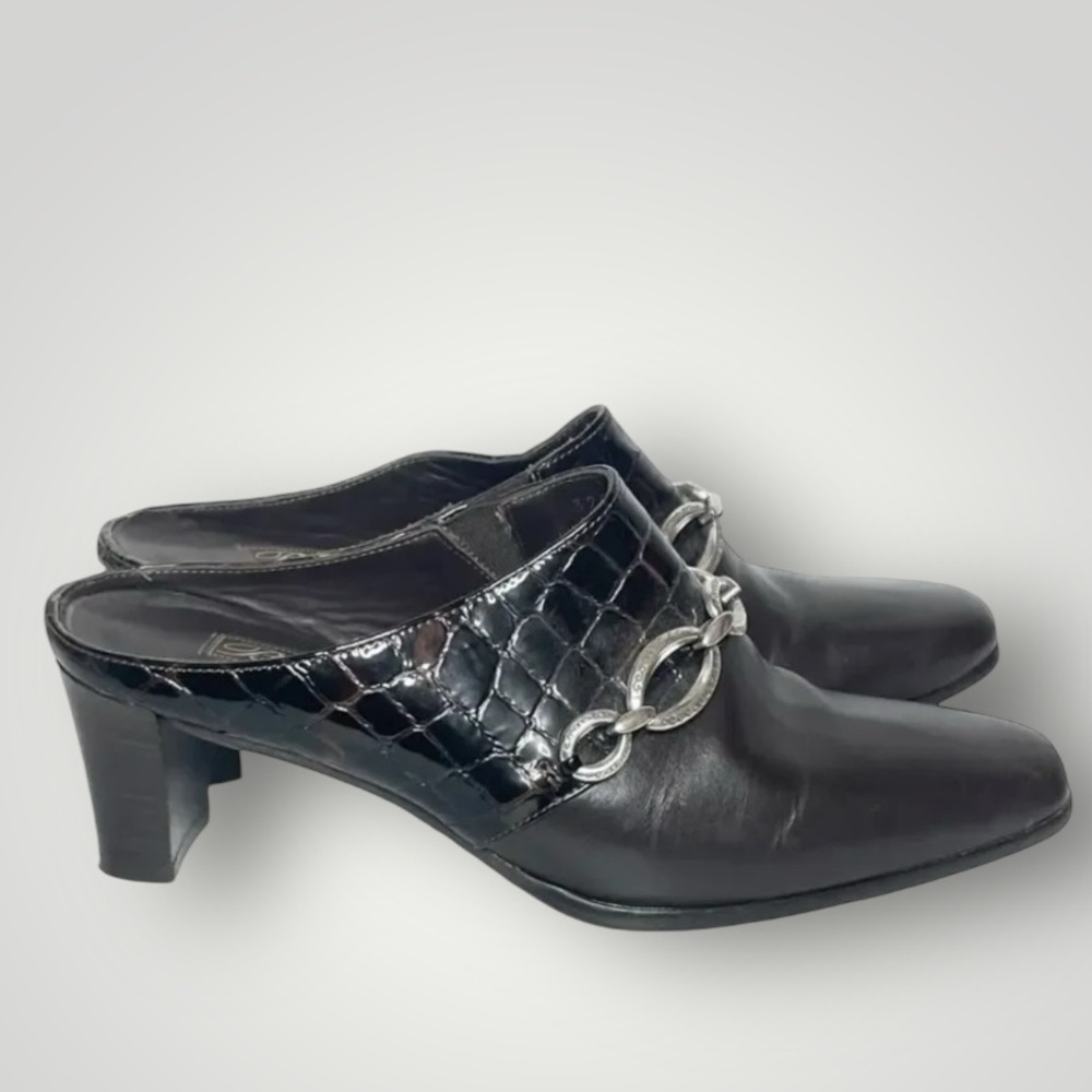 Brighton Leather Mules Heels Size 6.5 Twiggy Chain Link Croc Embossed Italy - Picture 5 of 9